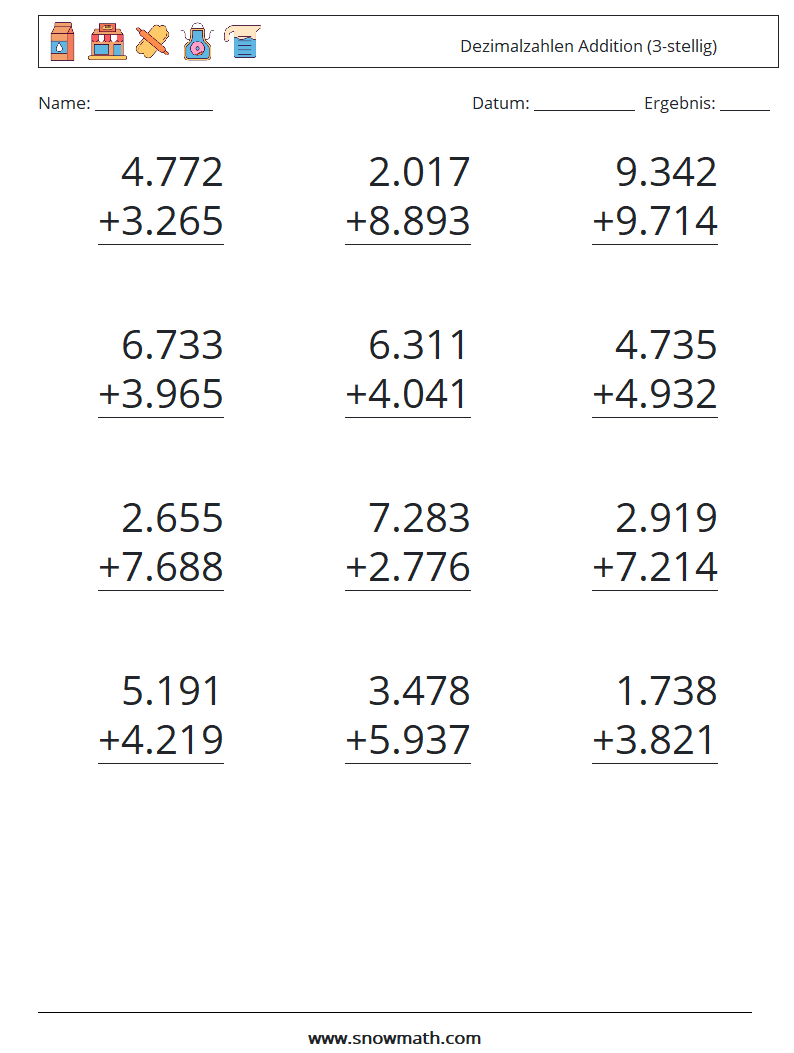 (12) Dezimalzahlen Addition (3-stellig) Mathe-Arbeitsblätter 13