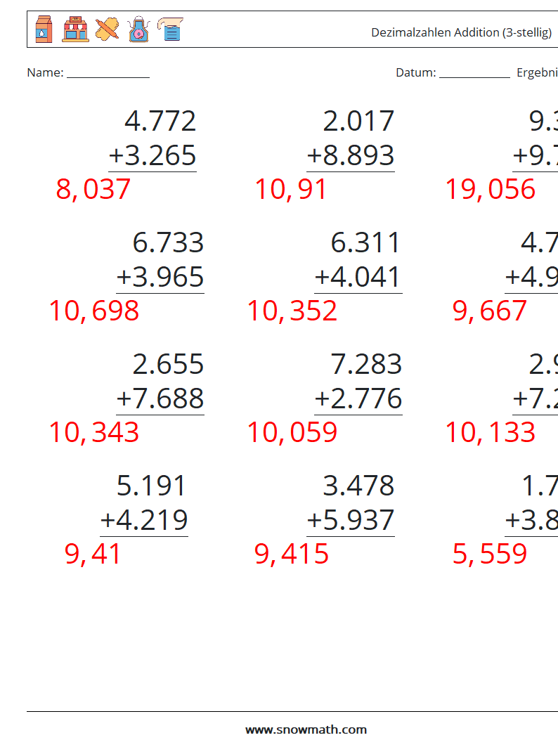 (12) Dezimalzahlen Addition (3-stellig) Mathe-Arbeitsblätter 13 Frage, Antwort