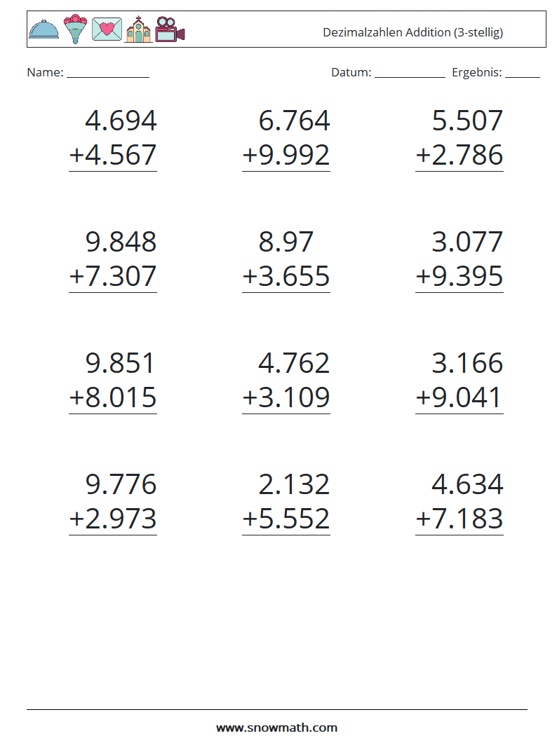 (12) Dezimalzahlen Addition (3-stellig) Mathe-Arbeitsblätter 14