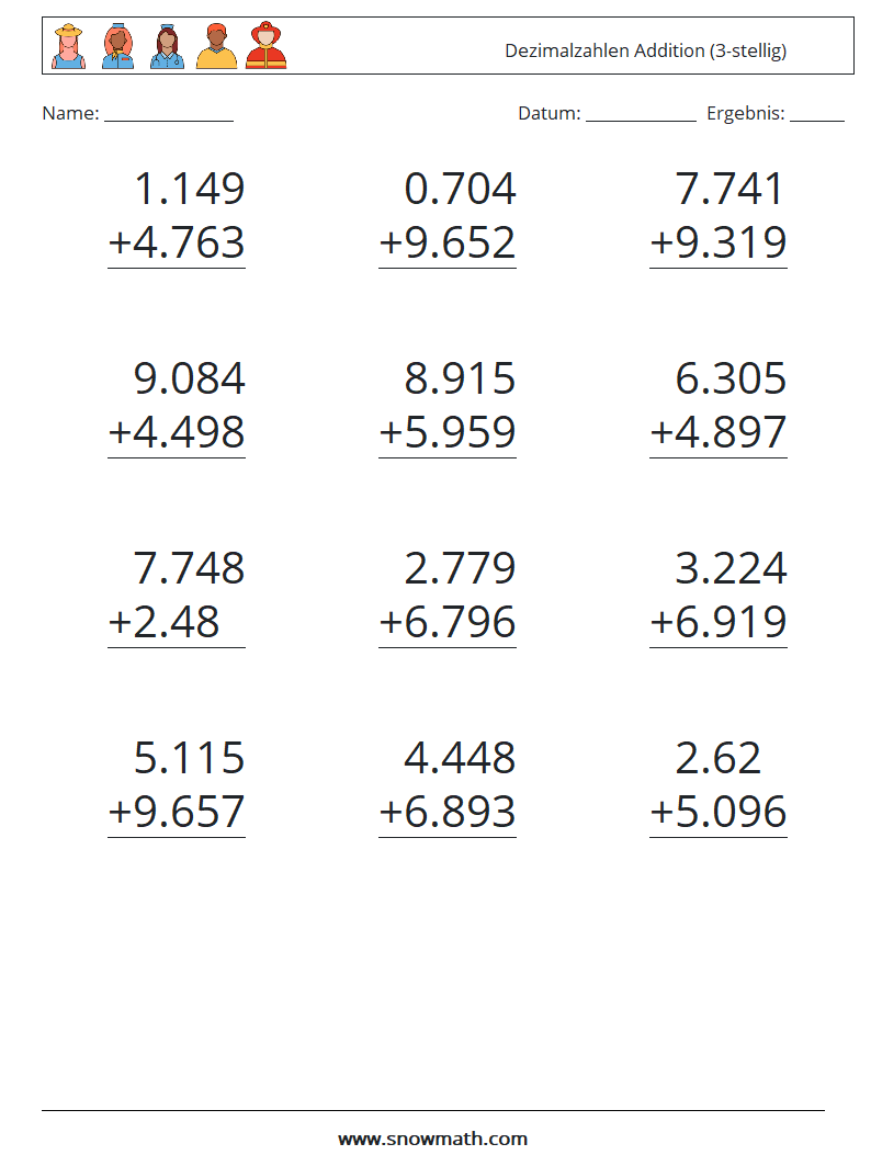 (12) Dezimalzahlen Addition (3-stellig) Mathe-Arbeitsblätter 15