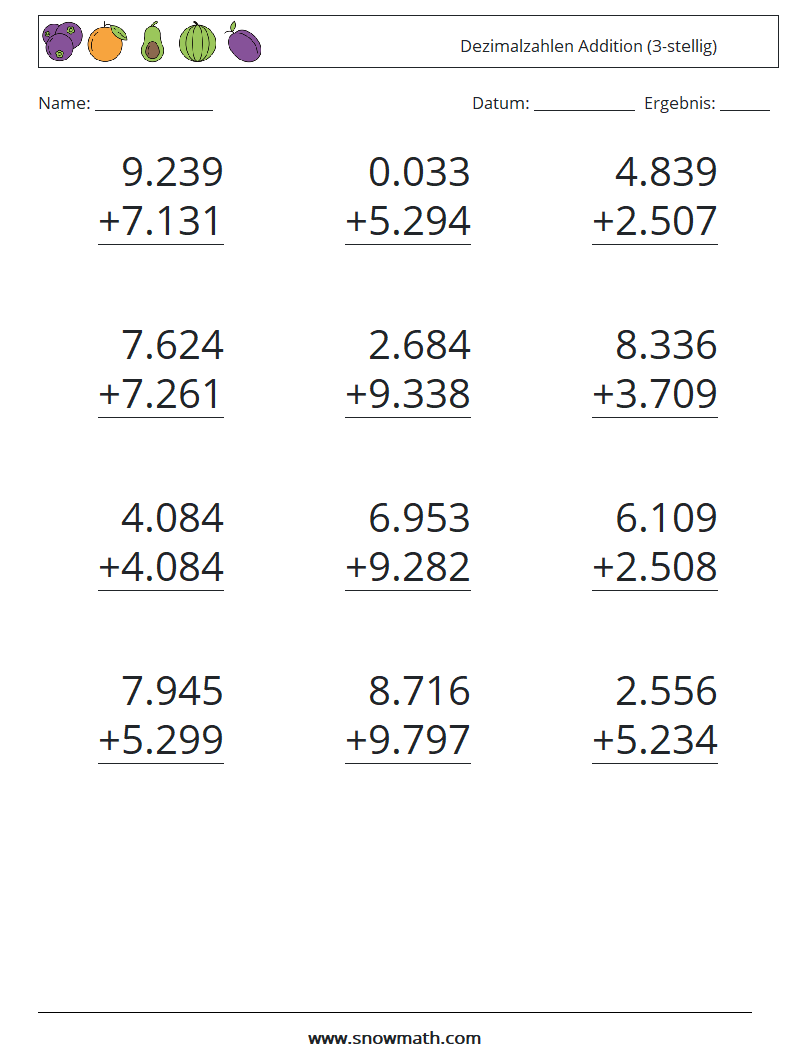 (12) Dezimalzahlen Addition (3-stellig) Mathe-Arbeitsblätter 16