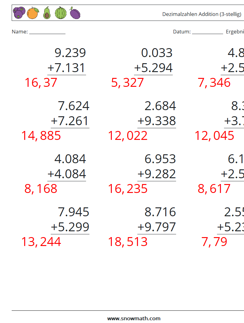 (12) Dezimalzahlen Addition (3-stellig) Mathe-Arbeitsblätter 16 Frage, Antwort