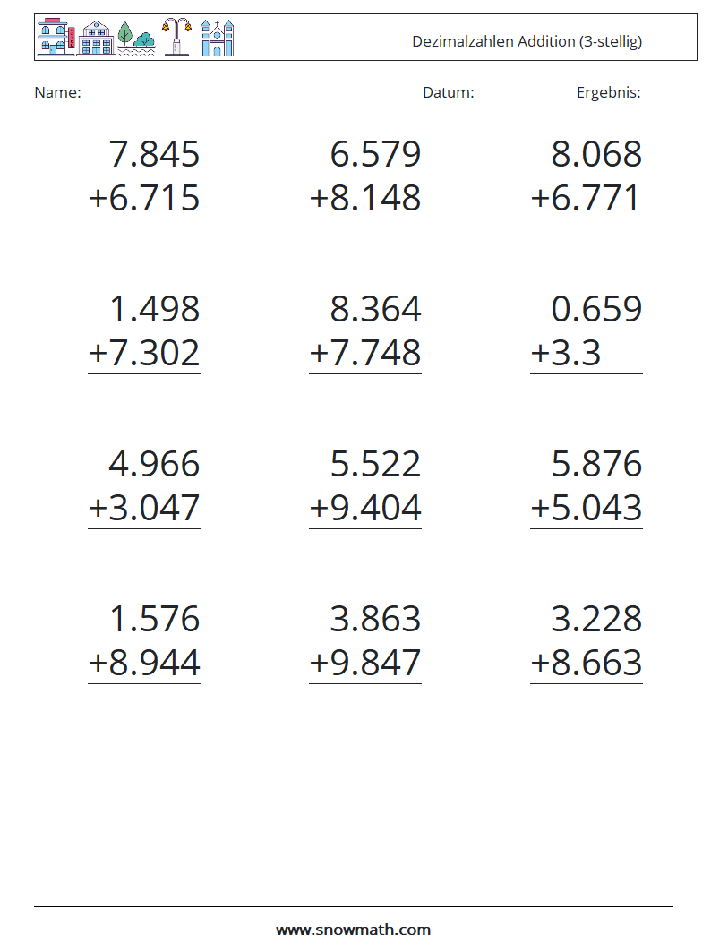 (12) Dezimalzahlen Addition (3-stellig) Mathe-Arbeitsblätter 17