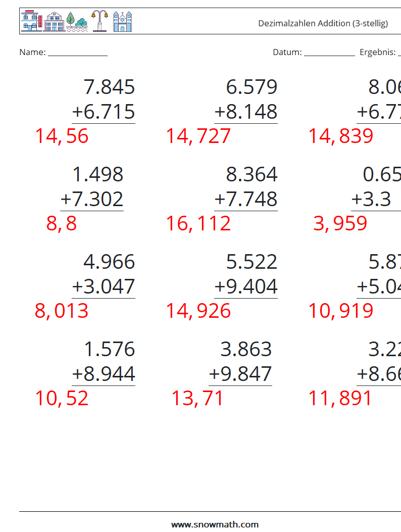 (12) Dezimalzahlen Addition (3-stellig) Mathe-Arbeitsblätter 17 Frage, Antwort