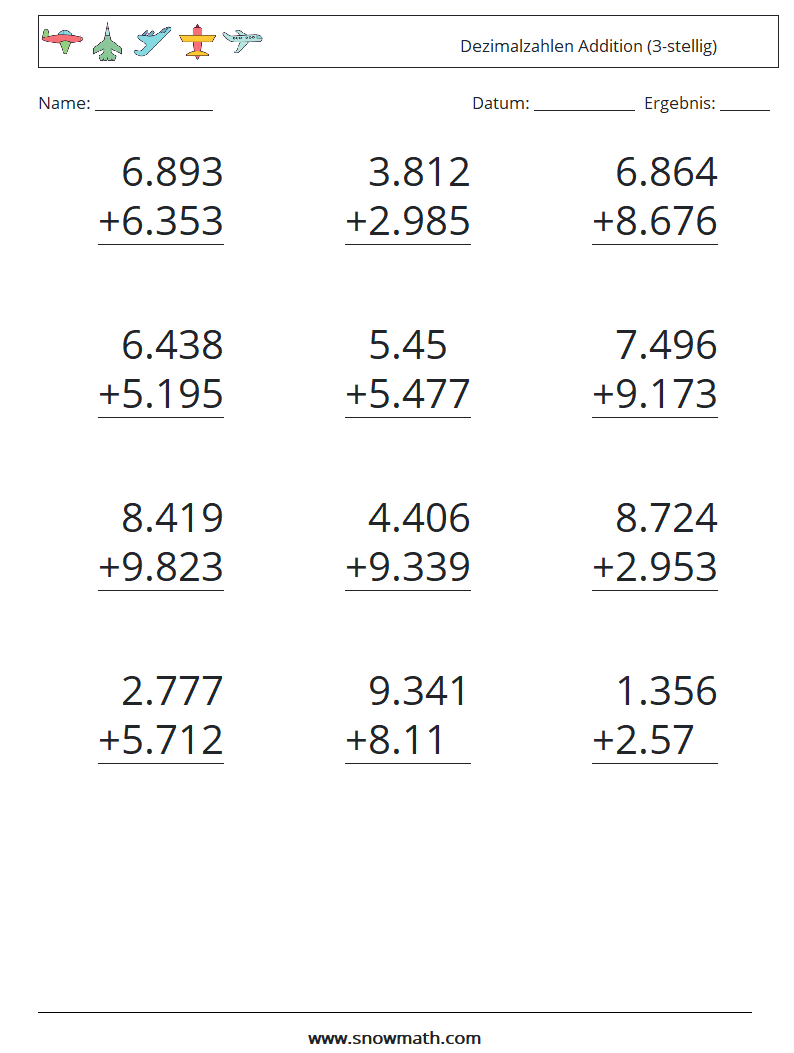 (12) Dezimalzahlen Addition (3-stellig) Mathe-Arbeitsblätter 2