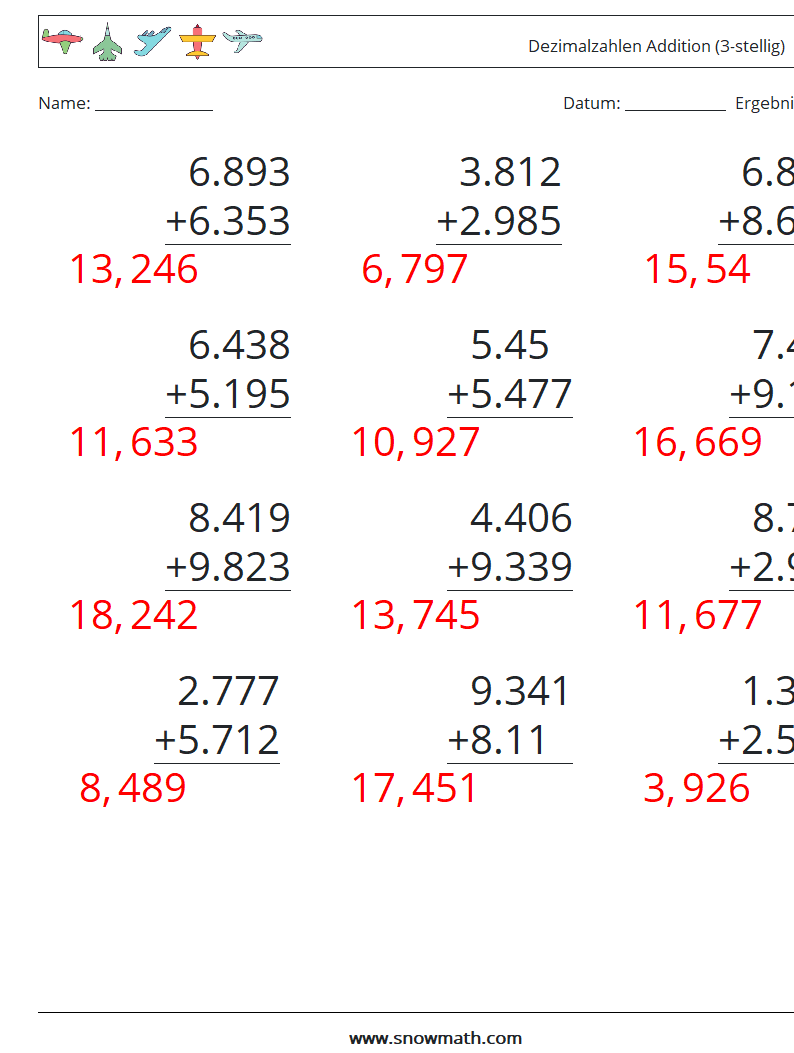 (12) Dezimalzahlen Addition (3-stellig) Mathe-Arbeitsblätter 2 Frage, Antwort