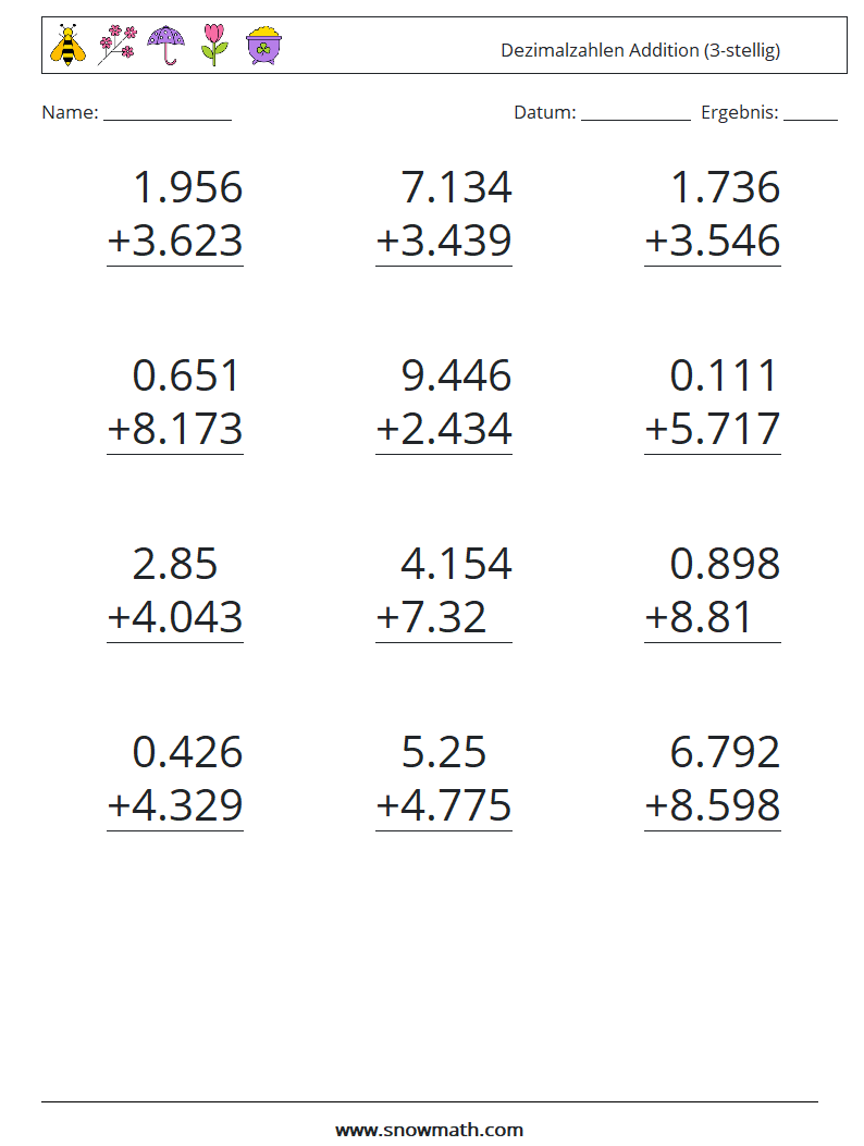 (12) Dezimalzahlen Addition (3-stellig) Mathe-Arbeitsblätter 3