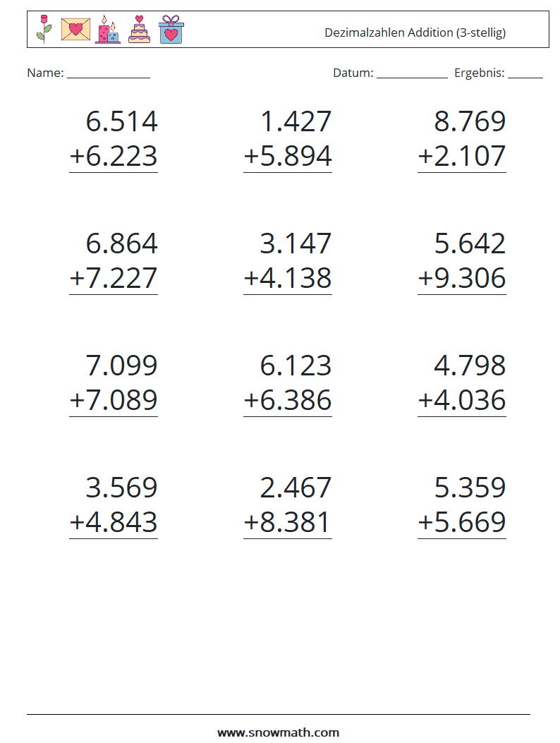 (12) Dezimalzahlen Addition (3-stellig) Mathe-Arbeitsblätter 4