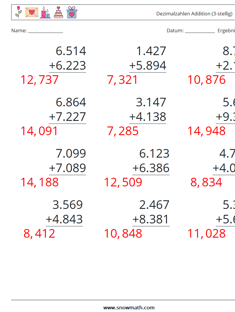 (12) Dezimalzahlen Addition (3-stellig) Mathe-Arbeitsblätter 4 Frage, Antwort