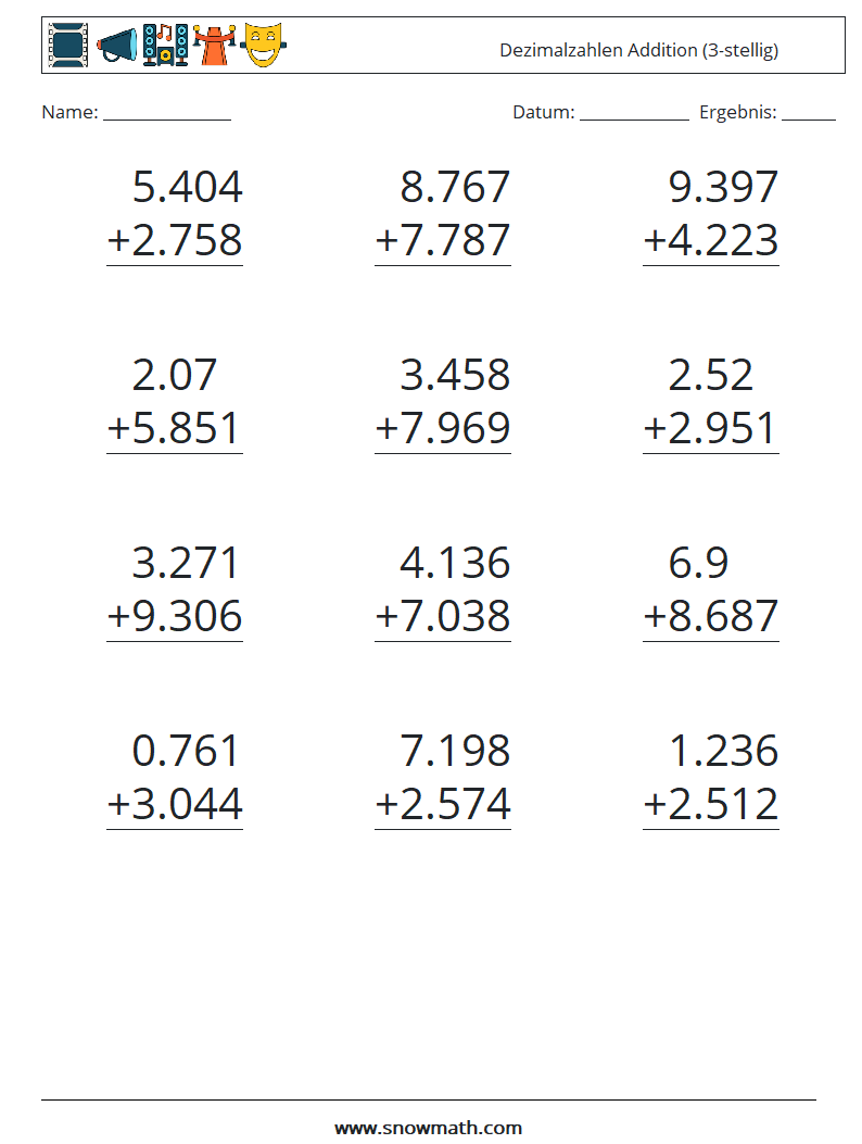 (12) Dezimalzahlen Addition (3-stellig) Mathe-Arbeitsblätter 5