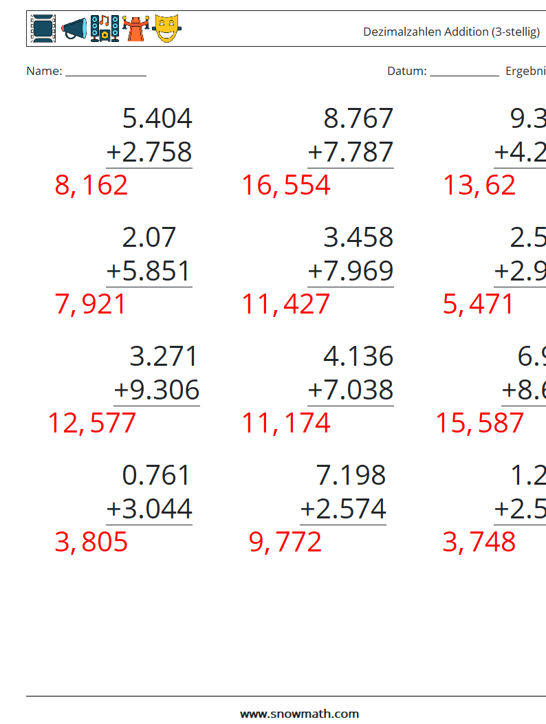 (12) Dezimalzahlen Addition (3-stellig) Mathe-Arbeitsblätter 5 Frage, Antwort