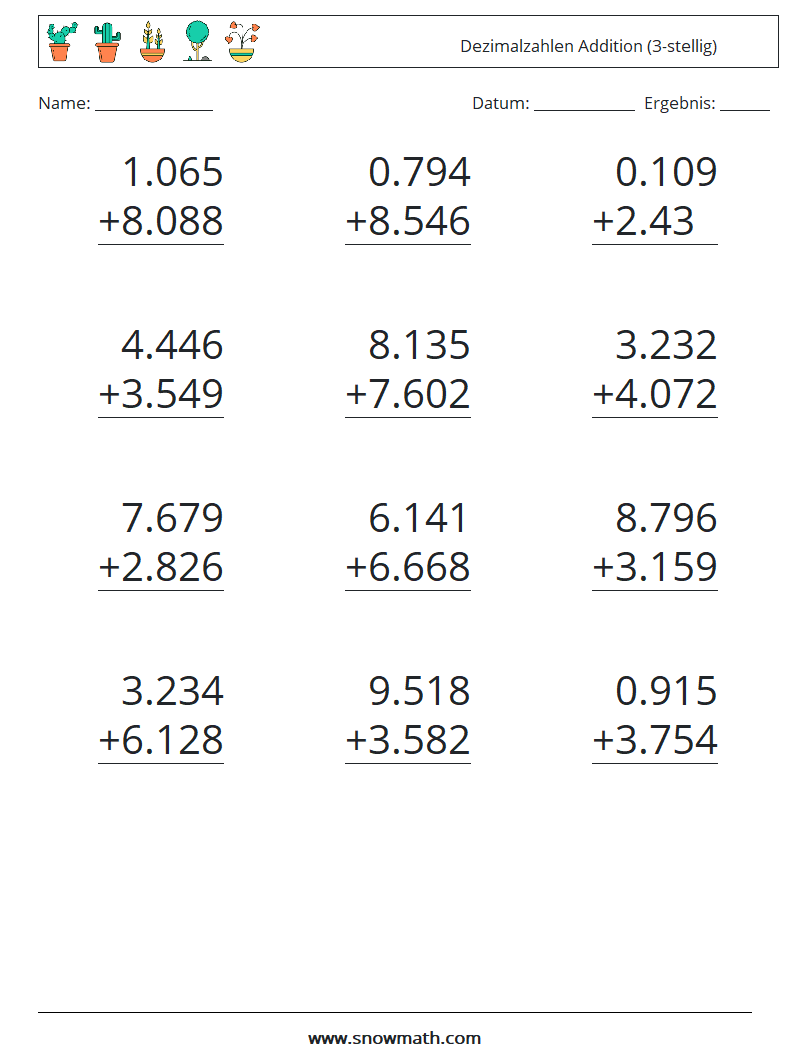 (12) Dezimalzahlen Addition (3-stellig) Mathe-Arbeitsblätter 6