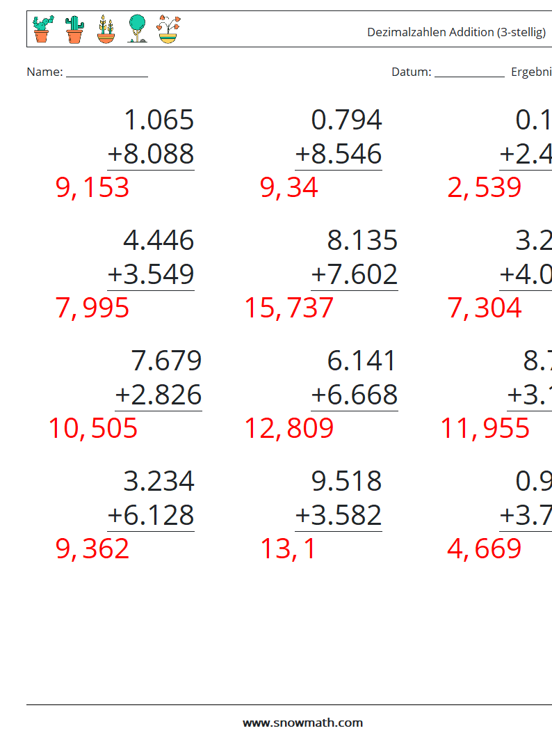 (12) Dezimalzahlen Addition (3-stellig) Mathe-Arbeitsblätter 6 Frage, Antwort