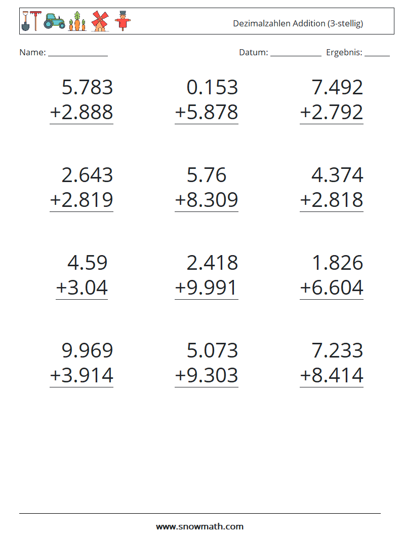 (12) Dezimalzahlen Addition (3-stellig) Mathe-Arbeitsblätter 7