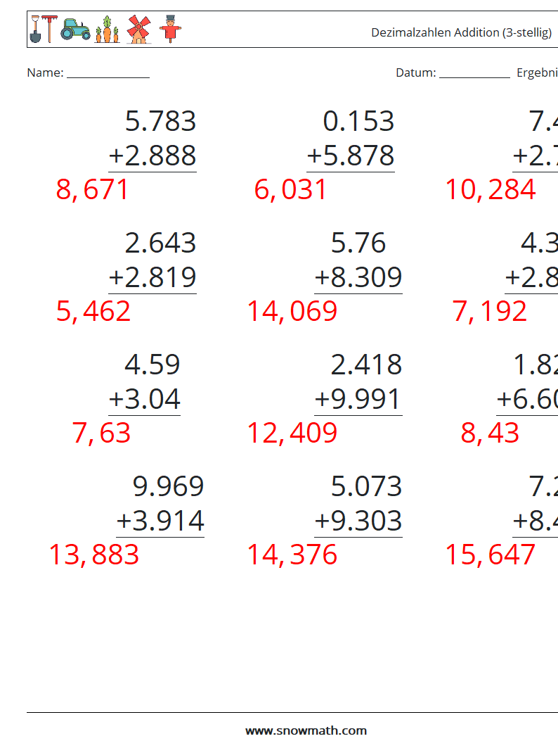 (12) Dezimalzahlen Addition (3-stellig) Mathe-Arbeitsblätter 7 Frage, Antwort