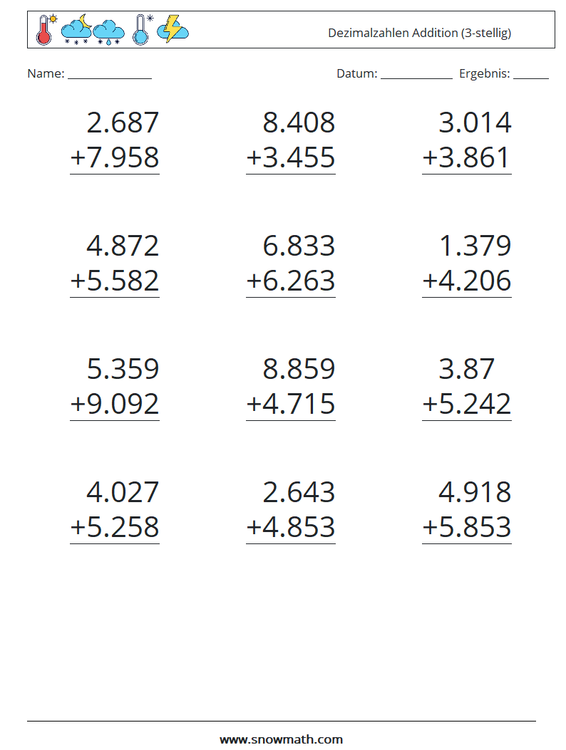 (12) Dezimalzahlen Addition (3-stellig) Mathe-Arbeitsblätter 8