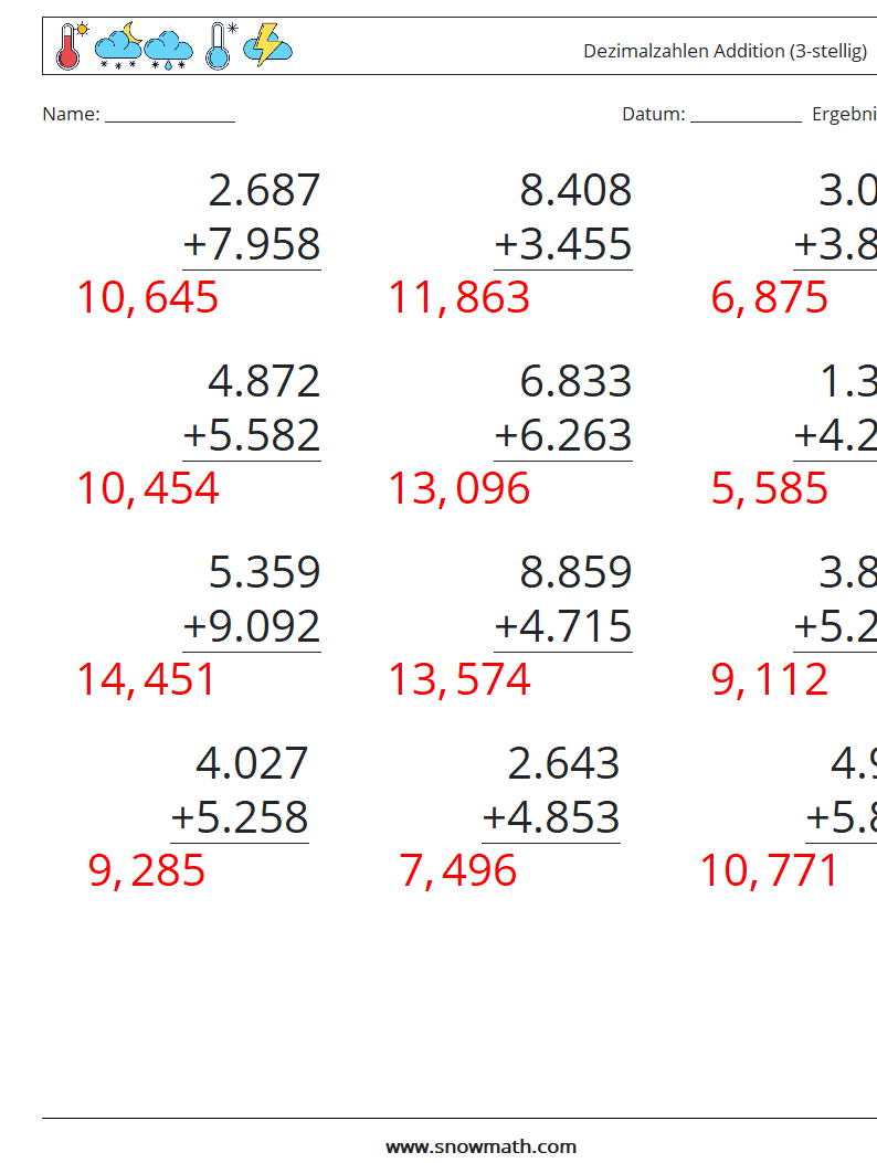 (12) Dezimalzahlen Addition (3-stellig) Mathe-Arbeitsblätter 8 Frage, Antwort