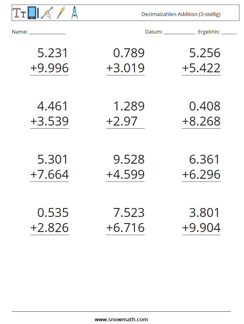 (12) Dezimalzahlen Addition (3-stellig) Mathe-Arbeitsblätter 9