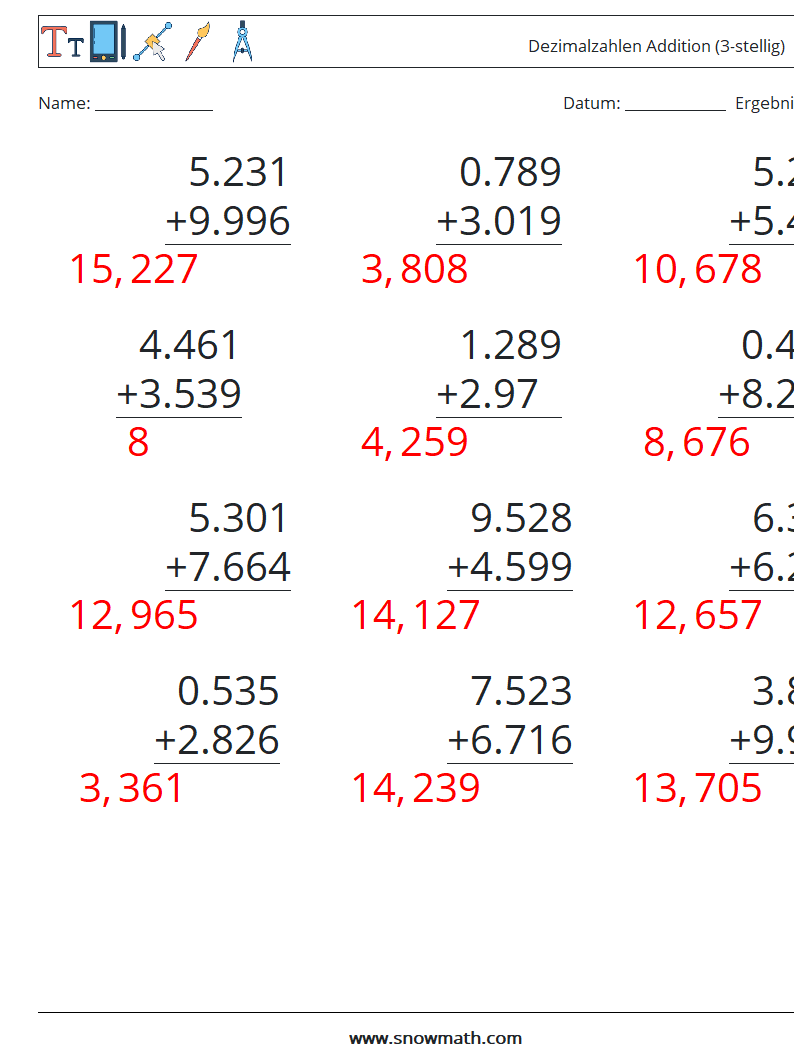 (12) Dezimalzahlen Addition (3-stellig) Mathe-Arbeitsblätter 9 Frage, Antwort