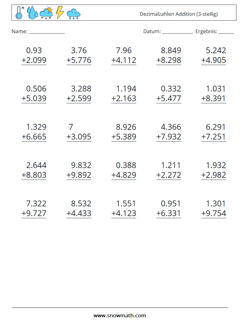 (25) Dezimalzahlen Addition (3-stellig) Mathe-Arbeitsblätter 1