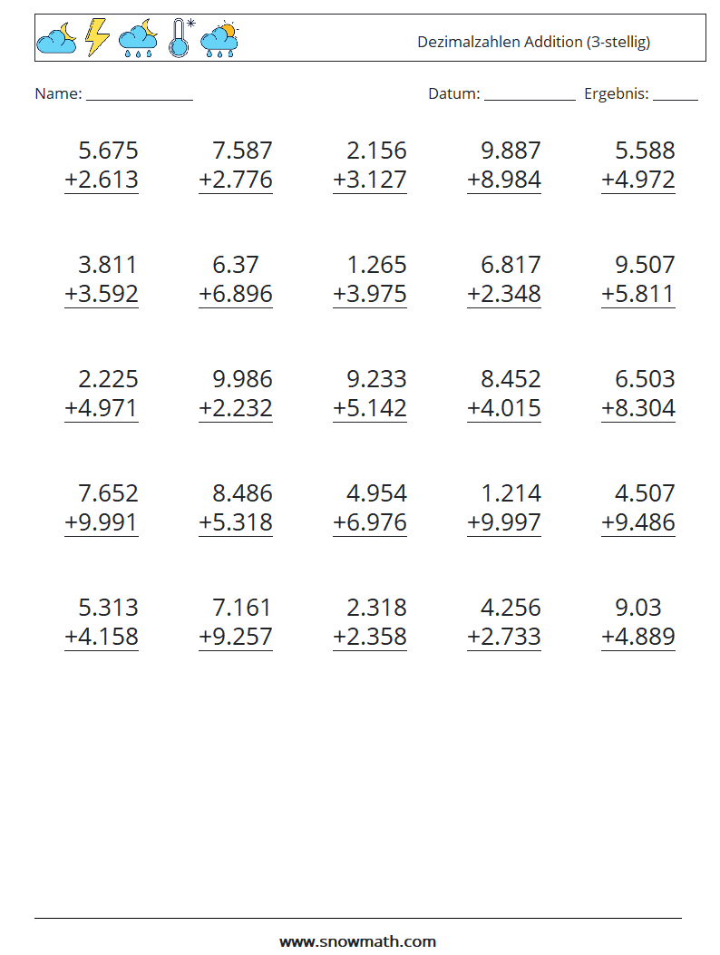 (25) Dezimalzahlen Addition (3-stellig) Mathe-Arbeitsblätter 10