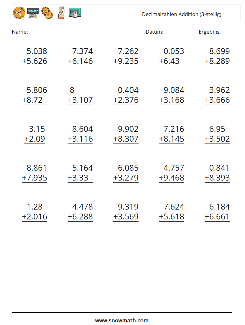 (25) Dezimalzahlen Addition (3-stellig) Mathe-Arbeitsblätter 11