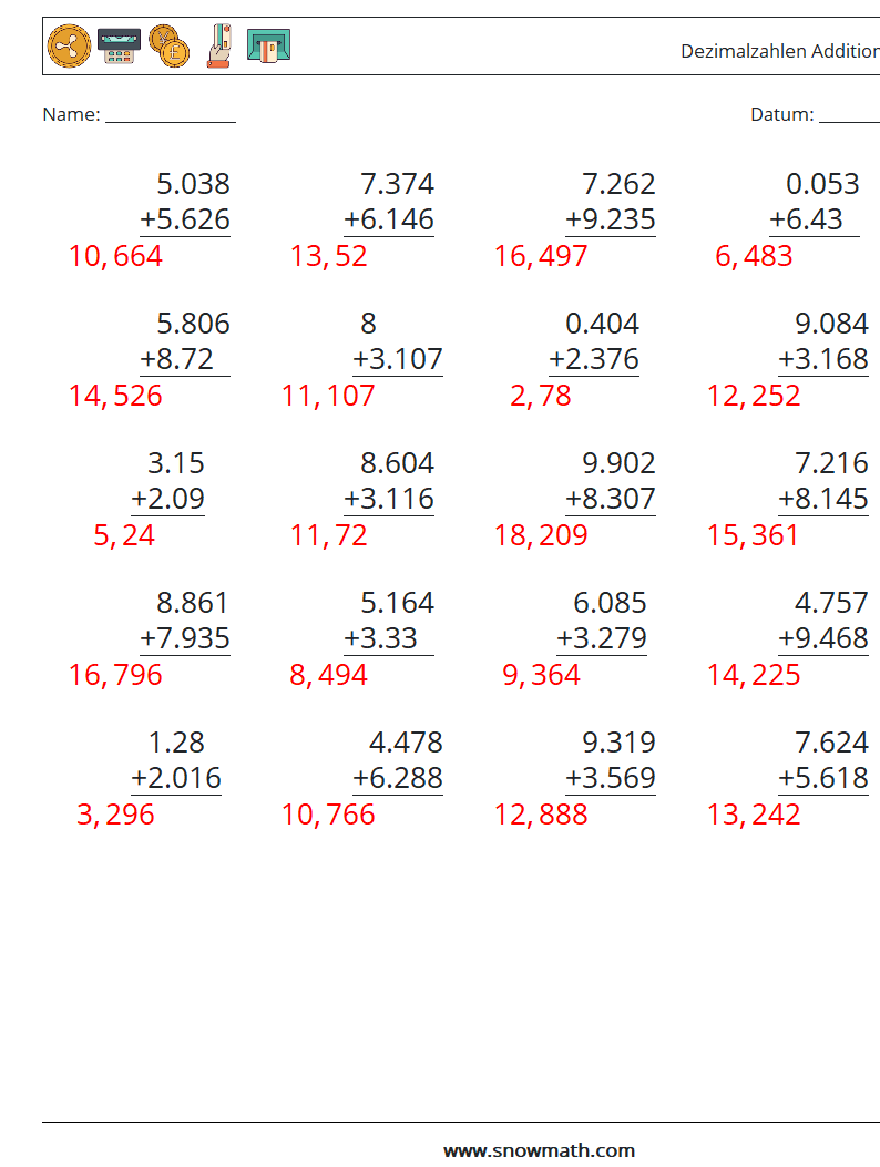 (25) Dezimalzahlen Addition (3-stellig) Mathe-Arbeitsblätter 11 Frage, Antwort