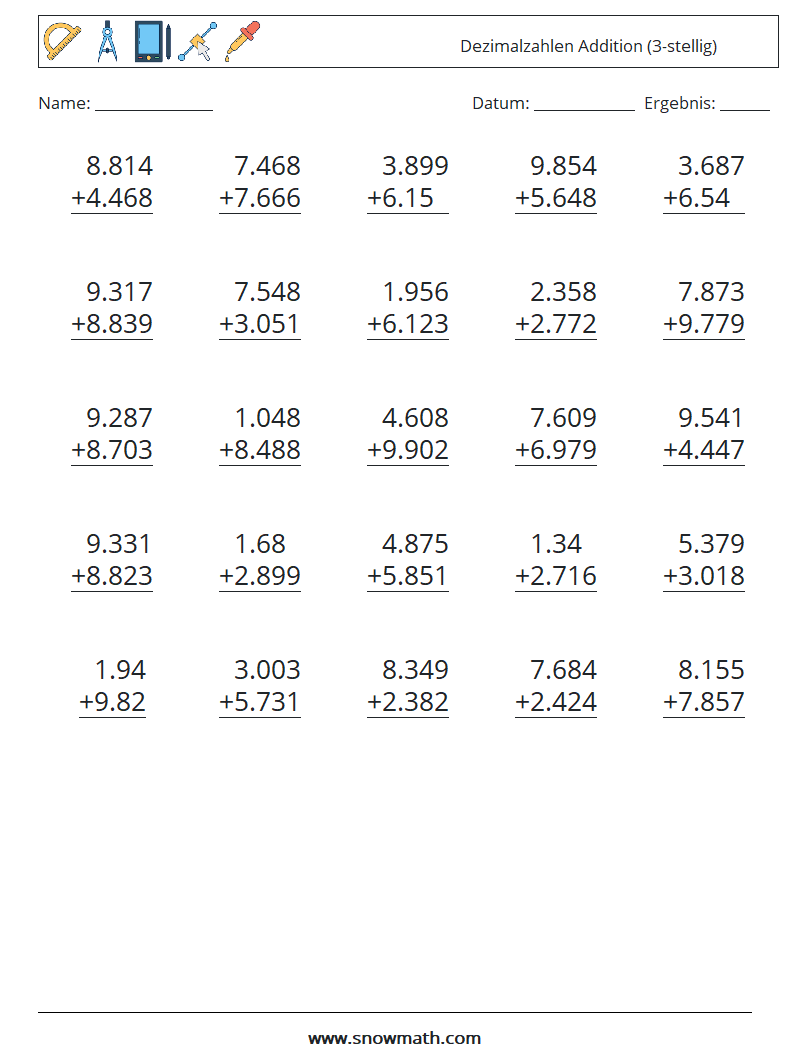 (25) Dezimalzahlen Addition (3-stellig) Mathe-Arbeitsblätter 12
