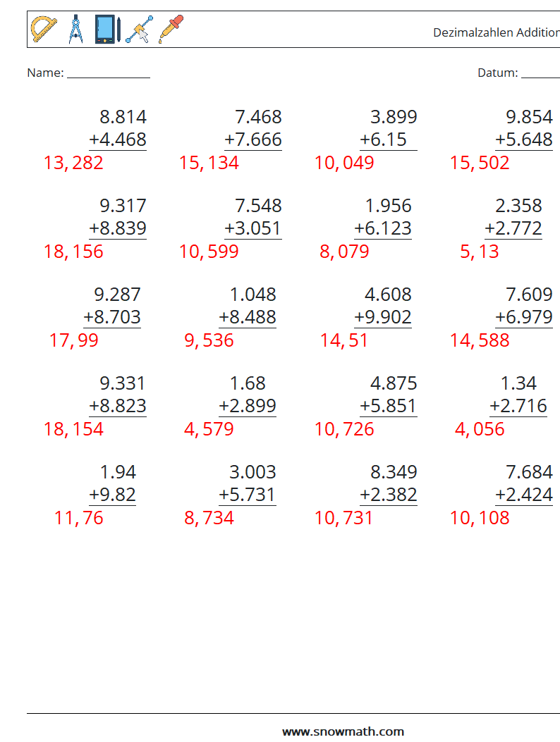 (25) Dezimalzahlen Addition (3-stellig) Mathe-Arbeitsblätter 12 Frage, Antwort