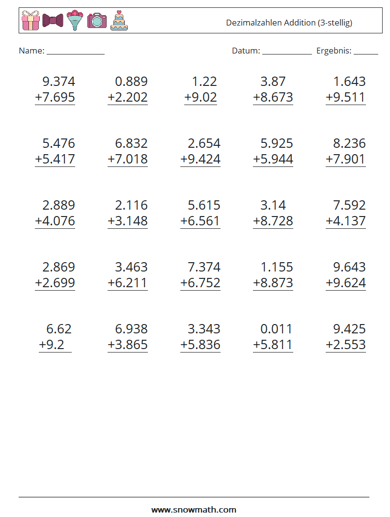 (25) Dezimalzahlen Addition (3-stellig) Mathe-Arbeitsblätter 13