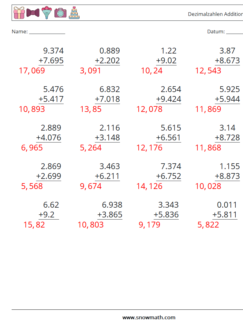 (25) Dezimalzahlen Addition (3-stellig) Mathe-Arbeitsblätter 13 Frage, Antwort