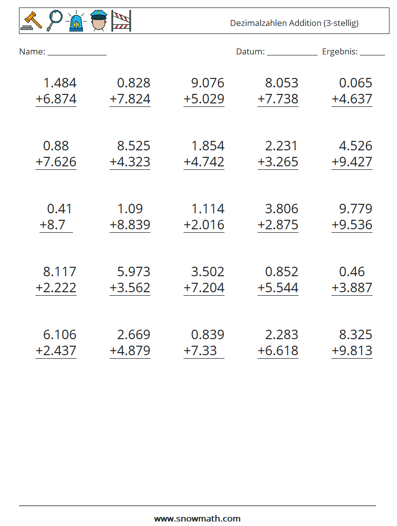 (25) Dezimalzahlen Addition (3-stellig) Mathe-Arbeitsblätter 14