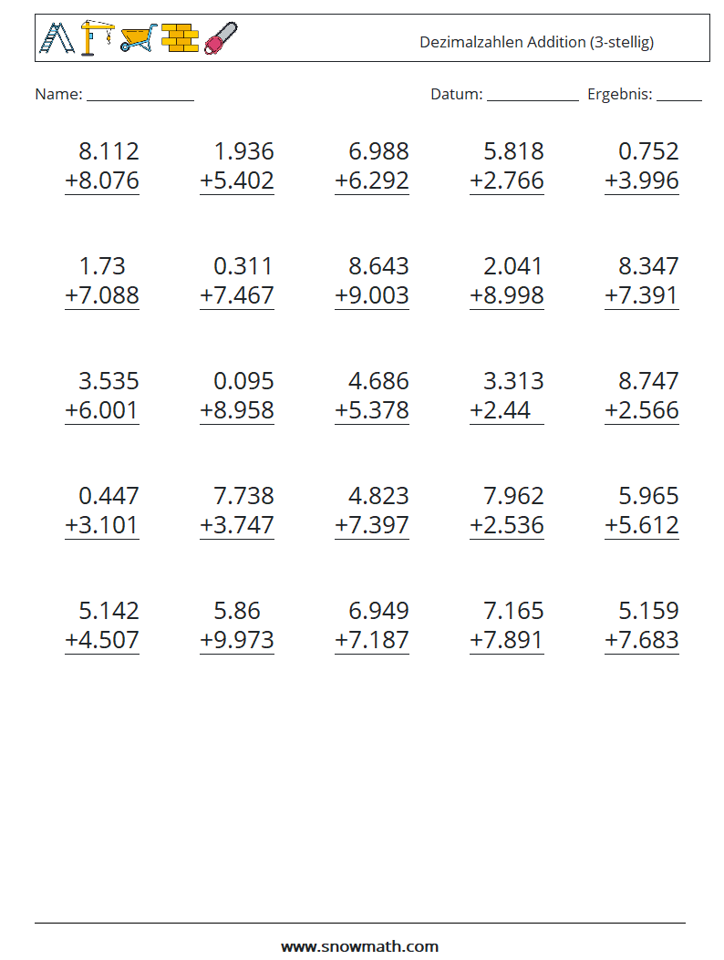 (25) Dezimalzahlen Addition (3-stellig) Mathe-Arbeitsblätter 15