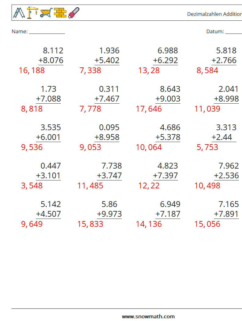 (25) Dezimalzahlen Addition (3-stellig) Mathe-Arbeitsblätter 15 Frage, Antwort