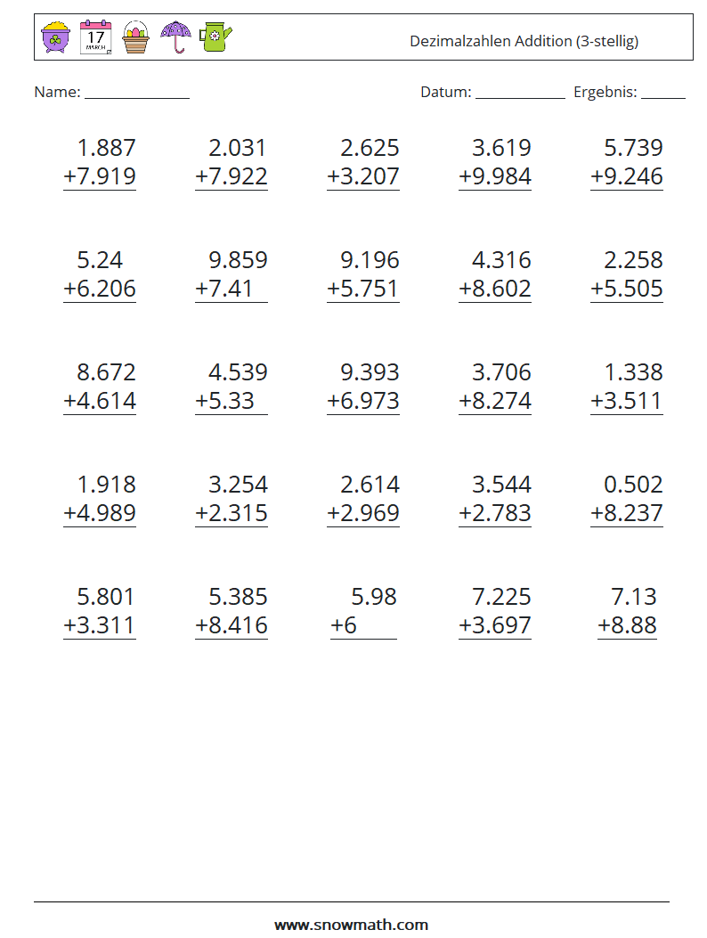 (25) Dezimalzahlen Addition (3-stellig) Mathe-Arbeitsblätter 16