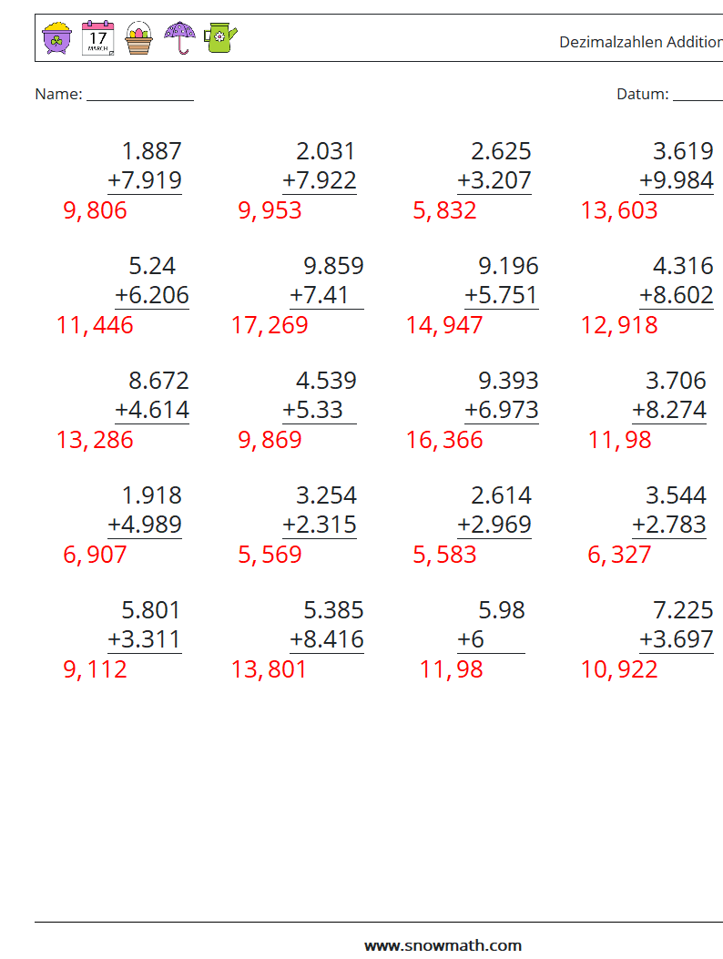 (25) Dezimalzahlen Addition (3-stellig) Mathe-Arbeitsblätter 16 Frage, Antwort