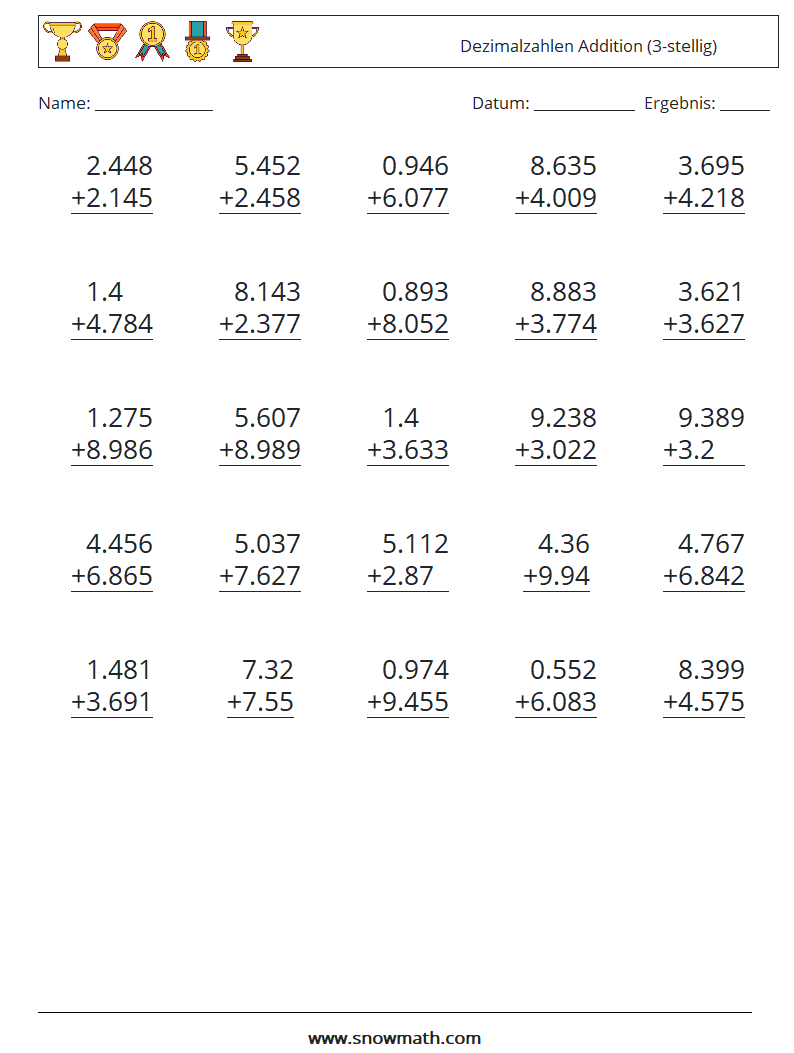 (25) Dezimalzahlen Addition (3-stellig) Mathe-Arbeitsblätter 17