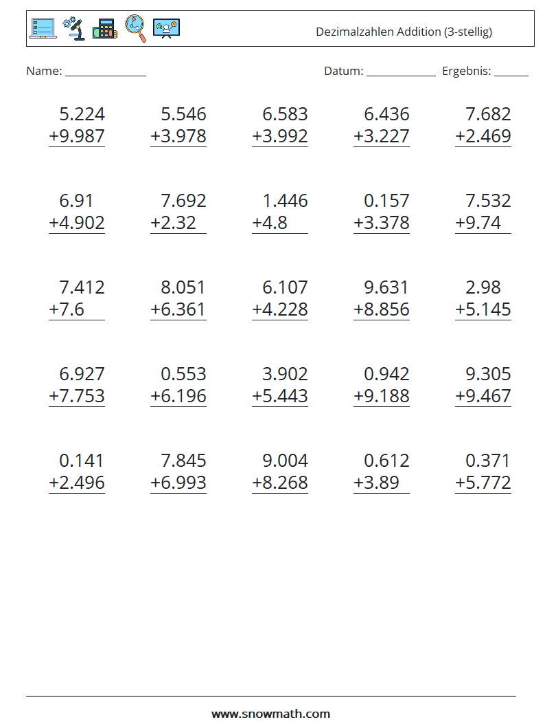 (25) Dezimalzahlen Addition (3-stellig) Mathe-Arbeitsblätter 18