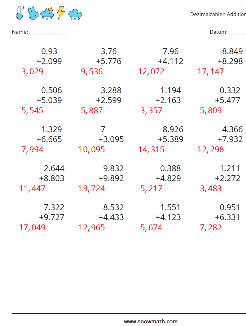 (25) Dezimalzahlen Addition (3-stellig) Mathe-Arbeitsblätter 1 Frage, Antwort