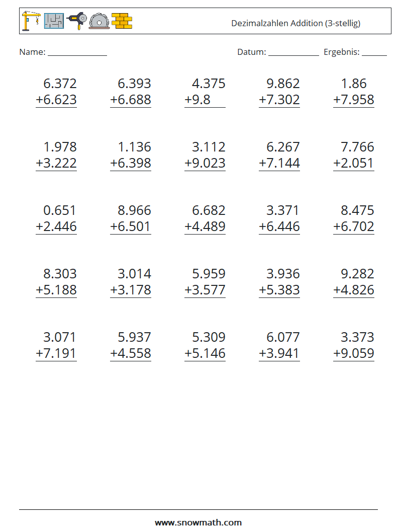 (25) Dezimalzahlen Addition (3-stellig) Mathe-Arbeitsblätter 2