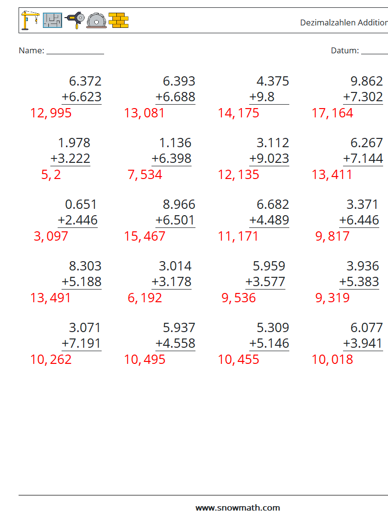 (25) Dezimalzahlen Addition (3-stellig) Mathe-Arbeitsblätter 2 Frage, Antwort