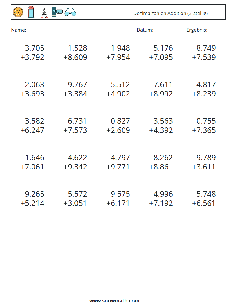 (25) Dezimalzahlen Addition (3-stellig) Mathe-Arbeitsblätter 3