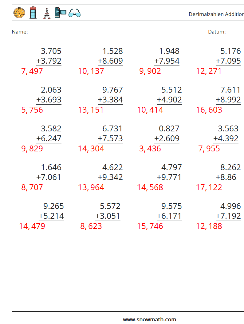 (25) Dezimalzahlen Addition (3-stellig) Mathe-Arbeitsblätter 3 Frage, Antwort