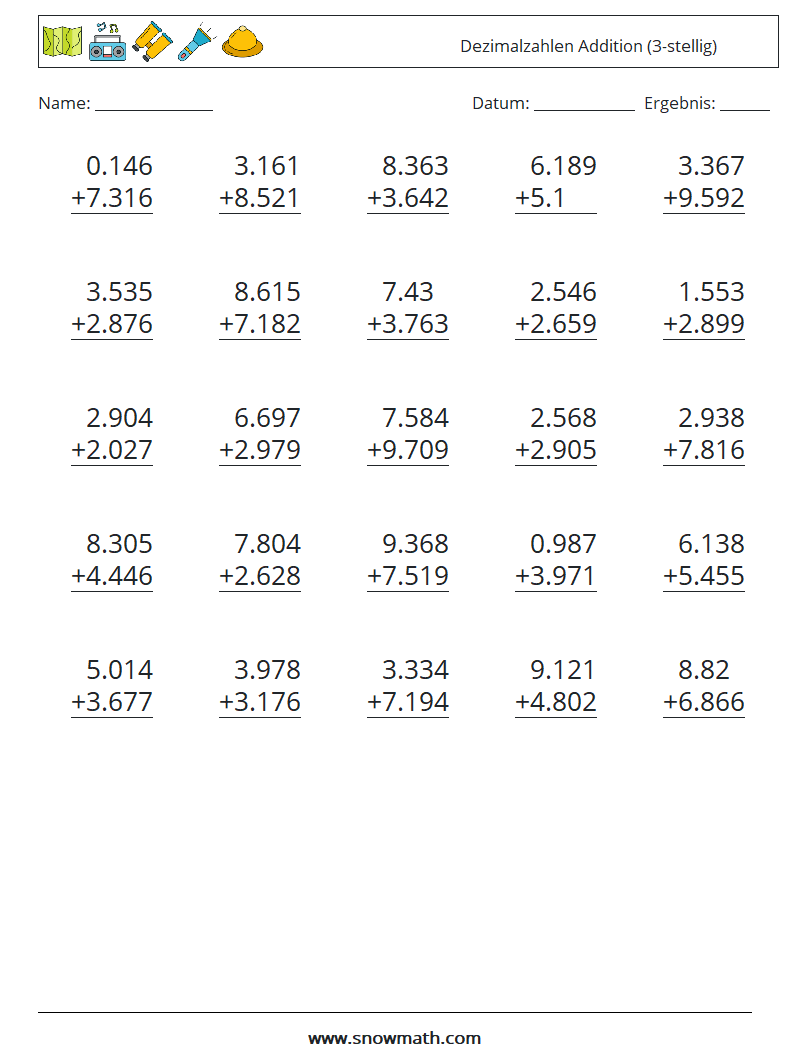 (25) Dezimalzahlen Addition (3-stellig) Mathe-Arbeitsblätter 4