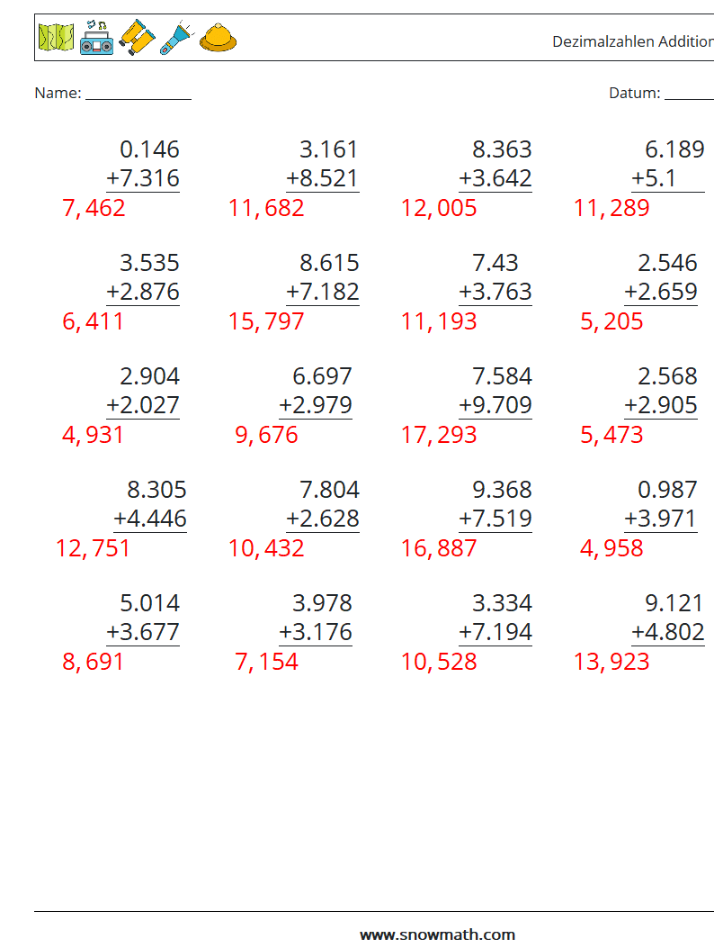 (25) Dezimalzahlen Addition (3-stellig) Mathe-Arbeitsblätter 4 Frage, Antwort