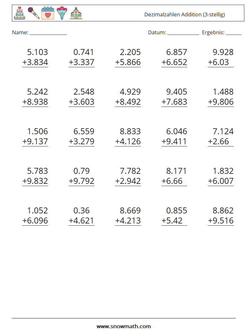 (25) Dezimalzahlen Addition (3-stellig) Mathe-Arbeitsblätter 5