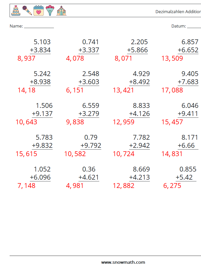 (25) Dezimalzahlen Addition (3-stellig) Mathe-Arbeitsblätter 5 Frage, Antwort