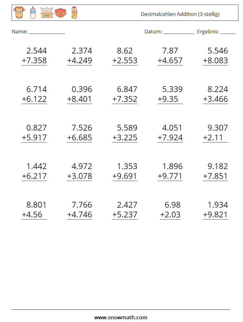 (25) Dezimalzahlen Addition (3-stellig) Mathe-Arbeitsblätter 6