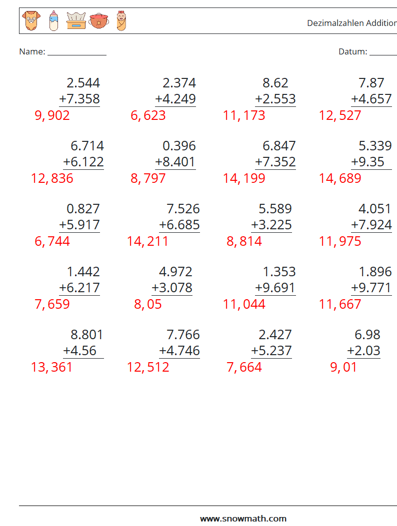 (25) Dezimalzahlen Addition (3-stellig) Mathe-Arbeitsblätter 6 Frage, Antwort