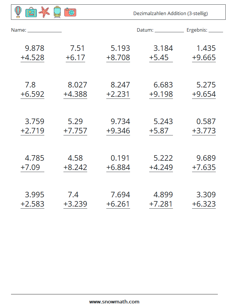 (25) Dezimalzahlen Addition (3-stellig) Mathe-Arbeitsblätter 7